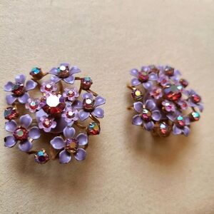 Vintage Floral Enamel & Rhinestone 60s Clip On Earrings
